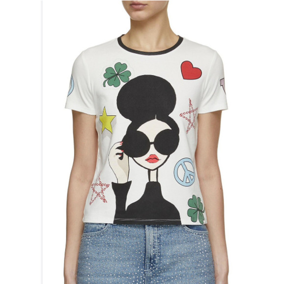 NWT Alice + Olivia Rylyn GLEESON STACE FACE T-shirt Size S White #FC502 - Picture 2 of 10